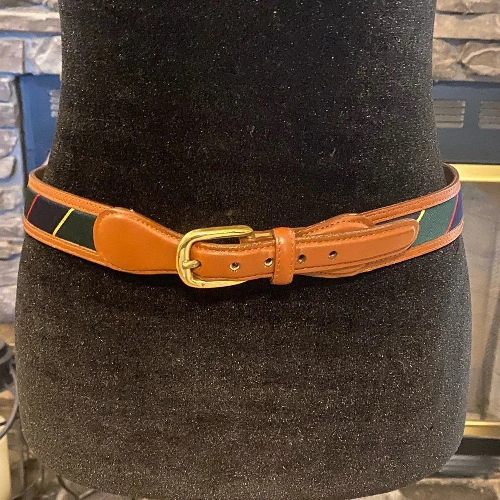 Lands' End Brown Leather-Trim Belt with Navy, Green & Red Stripes